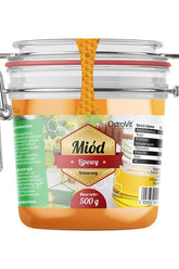 OstroVit Linden Honey 500g jar featuring natural honey and a distinct sweet aroma, perfect for meals.